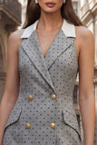 Grey Notched Lapel Sheath Short Polka Dot Work Dress