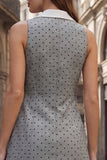 Grey Notched Lapel Sheath Short Polka Dot Work Dress