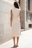 Ivory V-Neck Single Breasted 2-piece Sheath Work Dress with Slit