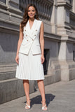 White Shawl Lapel Pleated 2-piece A Line Work Dress