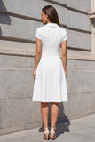White Notched Lapel Double-breasted Short Sleeve A Line Work Dress