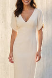 Ivory V-Neck Sheath Short Sleeve Work Dress