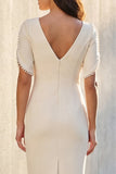 Ivory V-Neck Sheath Short Sleeve Work Dress