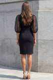 Black Lapel 3/4 Sleeve Sheath Midi Work Dress