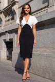 Black and White V-Neck Short Sleeve Sheath Work Dress