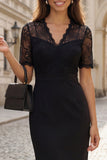 Black V-Neck Lace Short Sleeve Sheath Work Dress