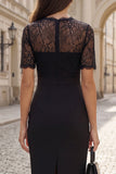 Black V-Neck Lace Short Sleeve Sheath Work Dress