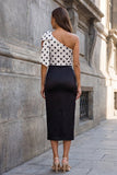 Black One Shoulder Polka Dots Bodycon Work Dress