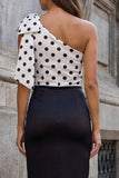 Black One Shoulder Polka Dots Bodycon Work Dress