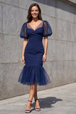 Navy Puff Sleeves Mermaid Ruffled Midi Work Dress