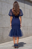 Navy Puff Sleeves Mermaid Ruffled Midi Work Dress