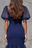 Navy Puff Sleeves Mermaid Ruffled Midi Work Dress