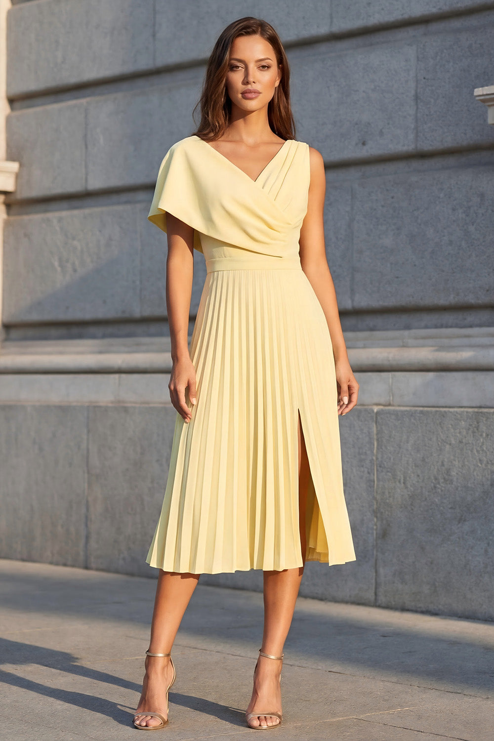 ZAPAKA Women Yellow Work Dress with Slit Asymmetrical Neck Pleated A Line Midi Business Dress, Yellow / US6 ZAPAKA Women Yellow Work Dress with Slit Asymmetrical Neck Pleated A Line Midi Business Dress, Yellow / US6