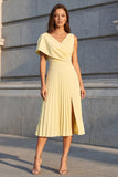 Yellow Asymmetrical Neck Pleated A Line Midi Work Dress