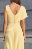 Yellow Asymmetrical Neck Pleated A Line Midi Work Dress
