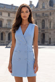 Blue V Neck Double Breasted Mini Work Dress