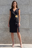 Black Ruched V Neck 3D Flower Mini Work Dress