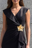 Black Ruched V Neck 3D Flower Mini Work Dress