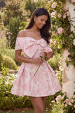 Pink Jacquard A-Line Off the Shoulder Mini Homecoming Dress With Bow