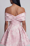 Pink Jacquard A-Line Off the Shoulder Mini Homecoming Dress With Bow