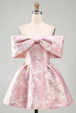 Pink A-Line Off the Shoulder Jacquard Short Homecoming Dress With Bow