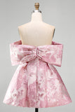 Pink A-Line Off the Shoulder Jacquard Short Homecoming Dress With Bow