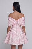 Jacquard A-Line Pink Off the Shoulder Mini Homecoming Dress With Bow