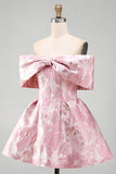 Pink A-Line Off the Shoulder Jacquard Short Homecoming Dress With Bow