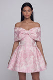 Jacquard A-Line Pink Off the Shoulder Mini Homecoming Dress With Bow
