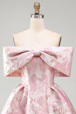 Pink A-Line Off the Shoulder Jacquard Short Homecoming Dress With Bow