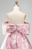 Pink A-Line Off the Shoulder Jacquard Short Homecoming Dress With Bow