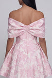 Jacquard A-Line Pink Off the Shoulder Mini Homecoming Dress With Bow
