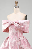Pink A-Line Off the Shoulder Jacquard Short Homecoming Dress With Bow