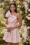 One Shoulder Jacquard A-Line Pink Mini Homecoming Dress With Bow