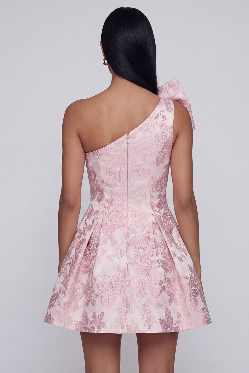 Zapaka Women Pink A-Line Homecoming Dress Jacquard One Shoulder Mini