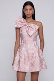 One Shoulder Jacquard A-Line Pink Mini Homecoming Dress With Bow
