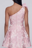 One Shoulder Jacquard A-Line Pink Mini Homecoming Dress With Bow