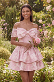 Pink Jacquard A-Line Off the Shoulder Ruffled Mini Homecoming Dress With Bow