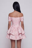 Pink Jacquard A-Line Off the Shoulder Ruffled Mini Homecoming Dress With Bow