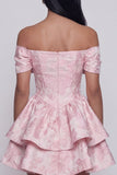 Pink Jacquard A-Line Off the Shoulder Ruffled Mini Homecoming Dress With Bow