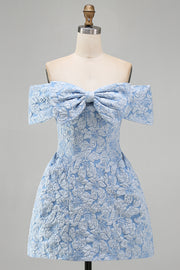 Off the Shoulder Blue Jacquard A-Line Mini Homecoming Dress With Bow