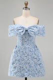 Off the Shoulder Blue Jacquard A-Line Mini Homecoming Dress With Bow