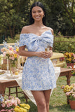 Off the Shoulder Blue Jacquard A-Line Mini Homecoming Dress With Bow