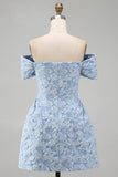 Off the Shoulder Blue Jacquard A-Line Mini Homecoming Dress With Bow
