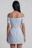 Off the Shoulder Blue Jacquard A-Line Mini Homecoming Dress With Bow