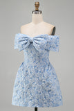 Off the Shoulder Blue Jacquard A-Line Mini Homecoming Dress With Bow