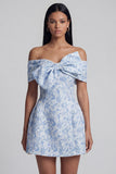 Off the Shoulder Blue Jacquard A-Line Mini Homecoming Dress With Bow