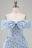 Off the Shoulder Blue Jacquard A-Line Mini Homecoming Dress With Bow