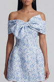 Off the Shoulder Blue Jacquard A-Line Mini Homecoming Dress With Bow