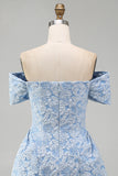 Off the Shoulder Blue Jacquard A-Line Mini Homecoming Dress With Bow